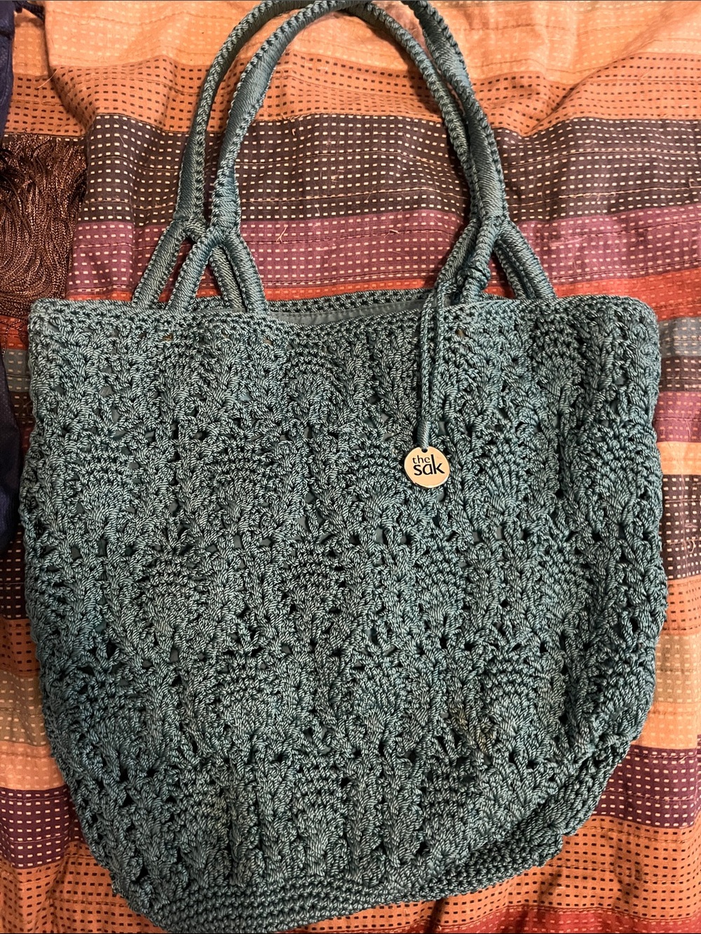 The Sak Teal Crochet Tote with Braided Handles